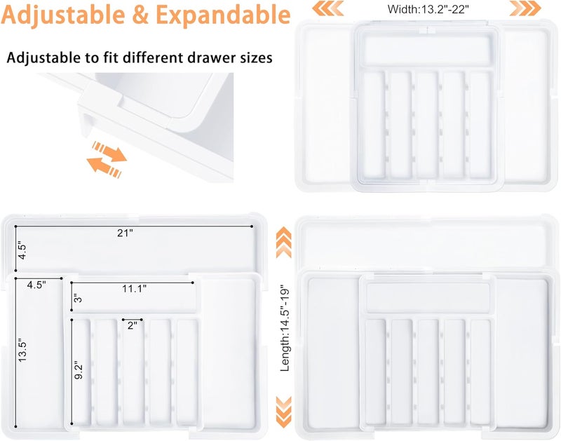 Spaclear Large Silverware Drawer Organizer Expandable Kitchen Utensil Organizer BPA Free Flatware Cutlery Holder Tray Adjustable Plastic Drawer Divider Storage for Forks Knives 6-9 Slots White - Image 2